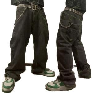 VTG 2000s Y2K Skater Grunge Russo Black & Green Jeans Sz 36x32 10In Leg Opening